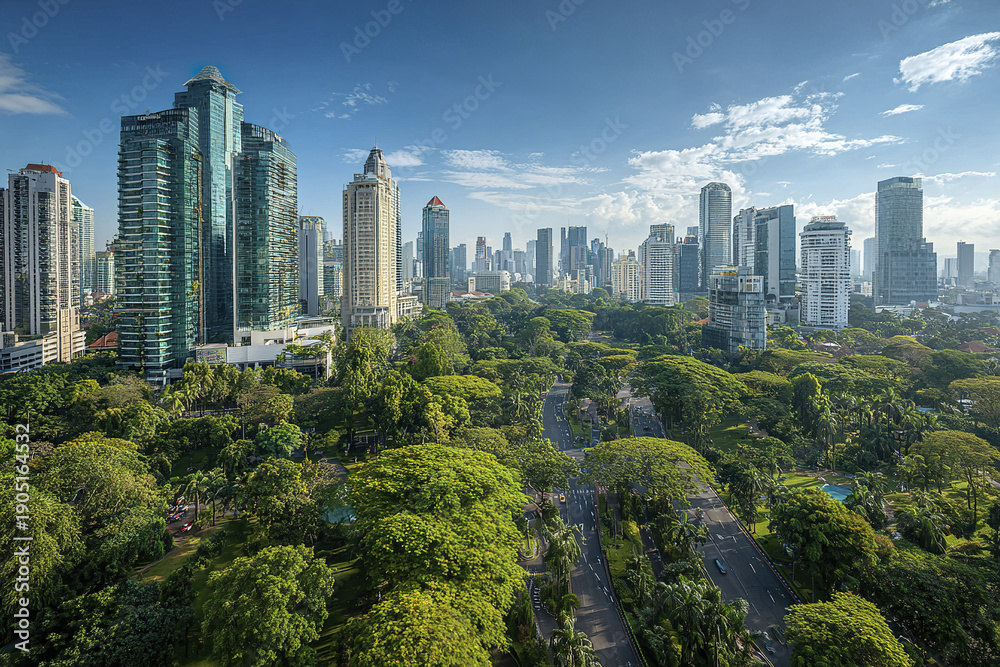 Obraz premium Modern city skyline with tall buildings and lush green park area under bright blue sky, showcasing urban nature harmony and vibrant city life atmosphere