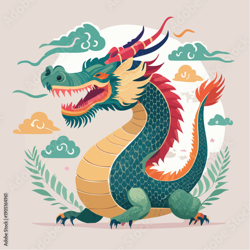 Vibrant Flat Vector Illustration of a Chinese Dragon with Clouds