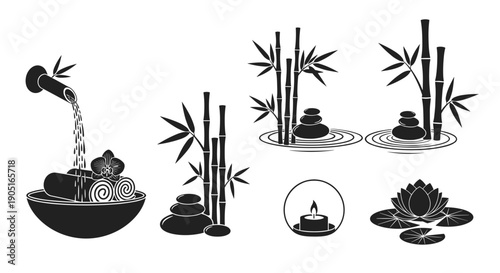A set of minimalist spa and wellness icons in a flat black and white design style