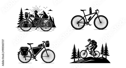 A set of four black and white vector bicycle illustrations in a forest and mountain landscape