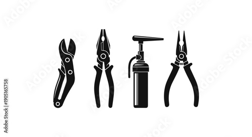 A set of four black and white pliers and a can of lubricant on a plain background