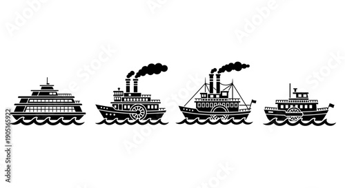 A set of four black and white steamboats sailing on the water in a vector graphic illustration