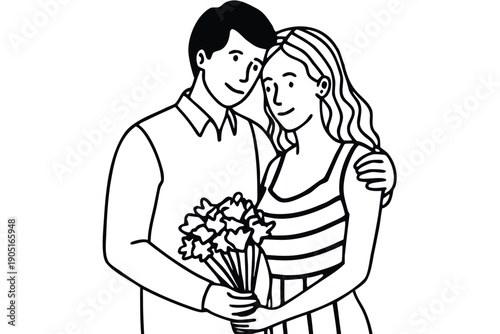 Black and White Line Couple Holding Wedding Bouquet Together