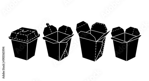 A set of four black takeout containers in different states of opening on a white background
