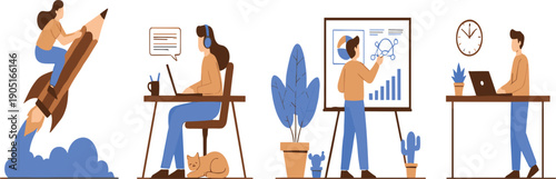 Business Teamwork and Career Development Illustration Set Showing Startup Launch, Remote Work, Data Analysis, and Professional Growth Concepts