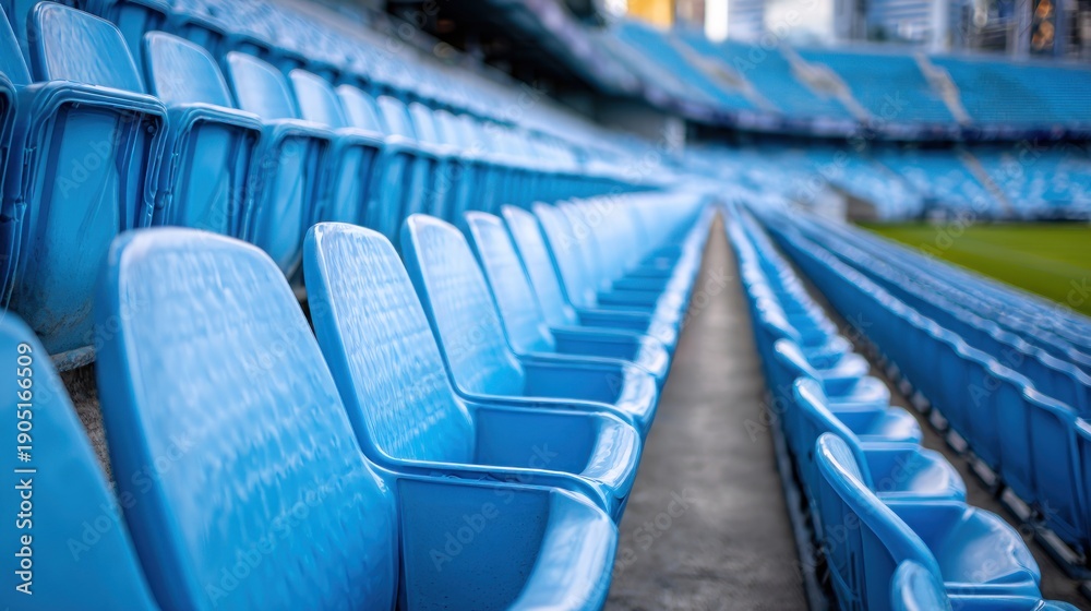 Obraz premium Empty blue stadium seats in a row.