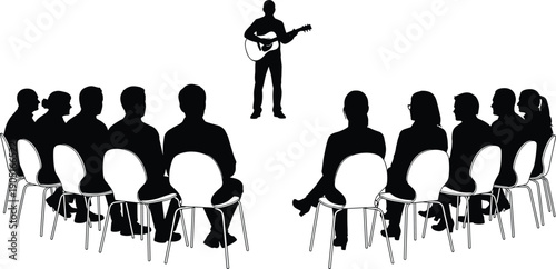 Acoustic guitarist performing on stage facing seated audience, intimate live music session and concert performance silhouette concept illustration isolated on white background