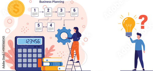 Business Planning Concept Illustration with Workflow Steps, Calculator, Strategy Gears, Financial Analysis, and Creative Idea Solution for Corporate Decision Making