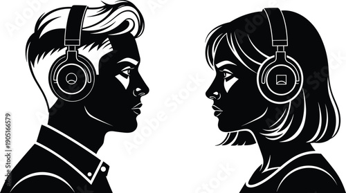 Black and white couple silhouette wearing headphones facing each other, music connection illustration concept for love, communication, lifestyle, and modern relationships
