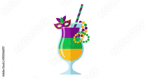 Colorful mardi gras cocktail with beads and mask on white background