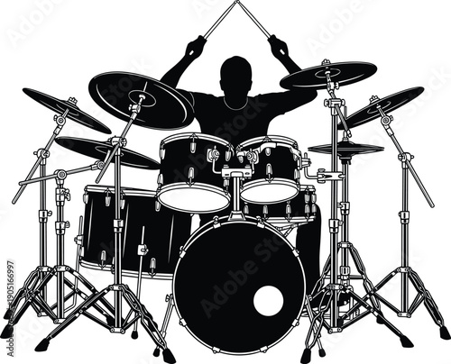 Drummer silhouette playing full drum kit, dynamic percussion performance scene, rock and live music concert illustration isolated on white background
