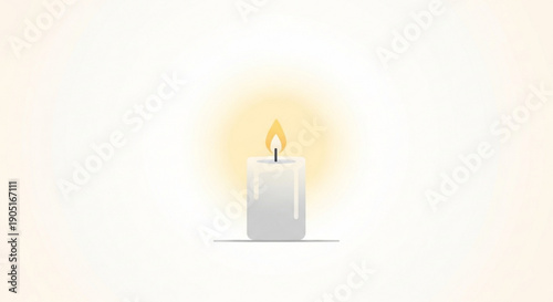 A single white candle with a warm glowing flame on a plain background