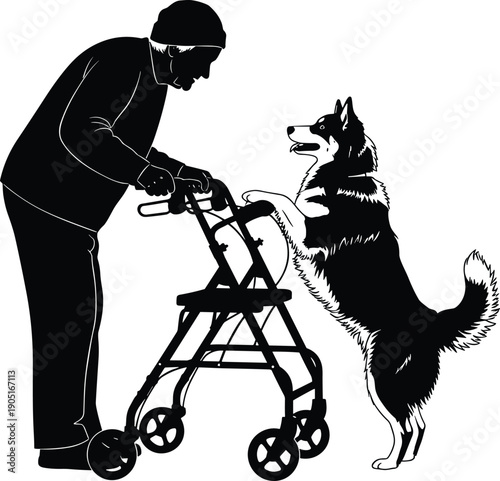 Heartwarming silhouette of elderly man using walker greeted by friendly dog, companionship, care and emotional support concept illustration isolated on white background