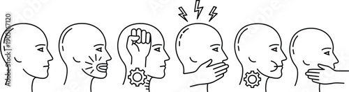 Human communication and thinking process line icons showing speaking, silence, ideas, control and emotions, psychology and behavior concept illustration isolated on white background