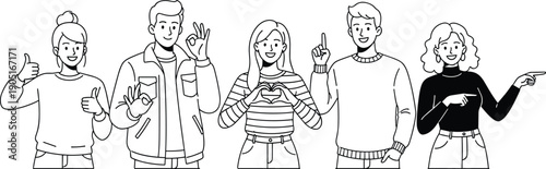 Line art illustration of diverse people showing positive hand gestures and emotions, communication and social interaction concept, agreement, approval, love, idea, and direction symbols