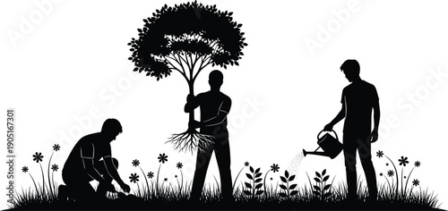 People Planting and Watering Tree Silhouette Illustration Representing Environmental Conservation, Teamwork, Sustainable Living, Nature Care, and Eco Friendly Community Gardening Concept