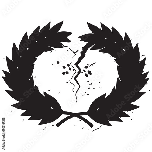 Broken heart surrounded by laurel wreath in black silhouette