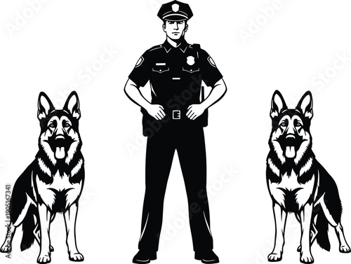 Police officer standing with two German shepherd dogs, law enforcement security concept illustration, uniformed cop and K9 partners isolated on white background