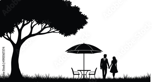 Romantic couple silhouette holding hands under umbrella near tree and table, elegant black and white park love illustration for relationship and dating themes