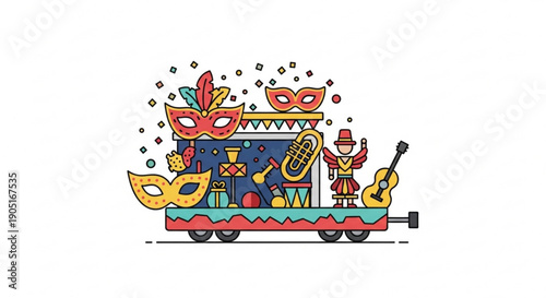 Colorful mardi gras parade float with masks musician and instruments on vibrant truck