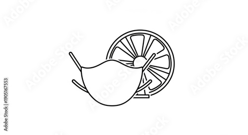 A pear and a slice of citrus fruit in a simple line drawing style on white background