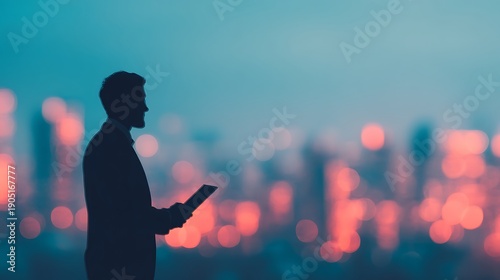 Silhouette of a man holding a tablet against a blurred cityscape with vibrant bokeh lights in the background at dusk.