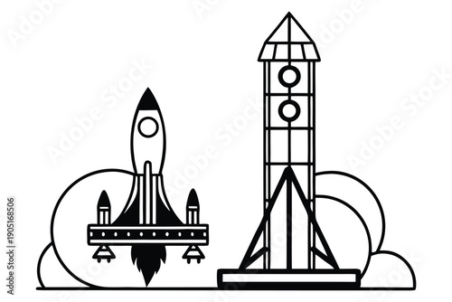 Black and White Line of Rocket on Launchpad with Satellite Tower space aerospace