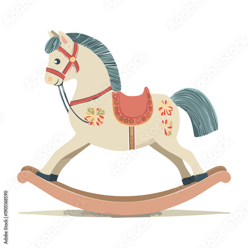 White rocking horse with floral patterns for vintage nursery and child play Graphic Asset