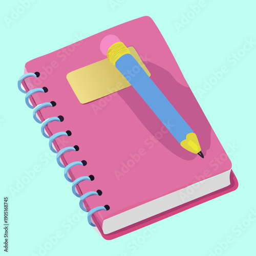 Pink spiral notebook with a yellow pen for writing diary and personal notes Graphic Asset
