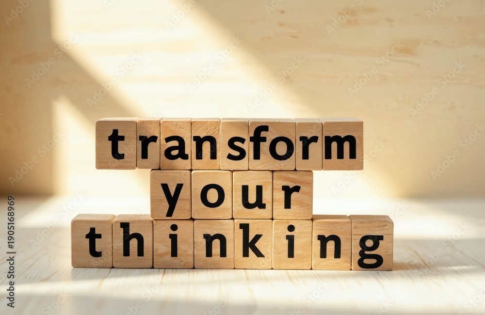 Fototapeta premium Wooden blocks spell transform your thinking in stacked rows. Message promotes self-improvement and new ideas. Bright light shines on surface. Concept for personal growth change.