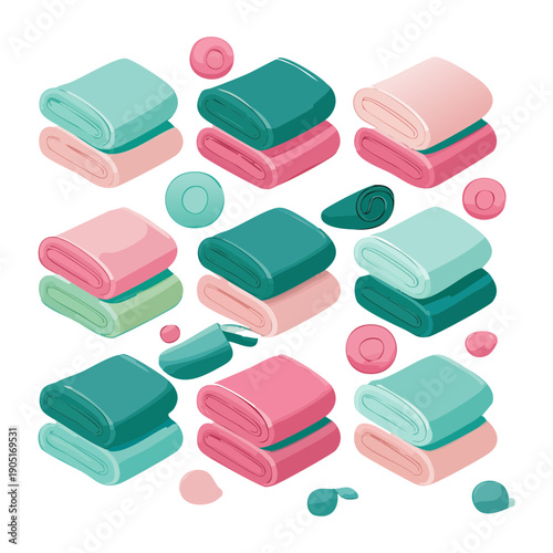 Seamless pattern design of various folded towels and laundry items for textile and wallpaper Graphic Asset