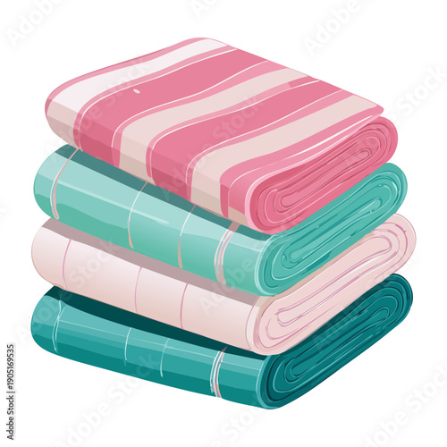 Large stack of folded cotton towels in green and pink colors for home textile catalog Graphic Asset