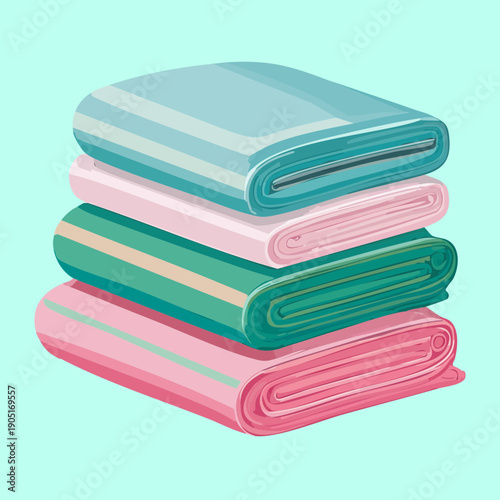 Stack of colorful folded towels in pastel pink blue and green colors for spa laundry service Graphic Asset