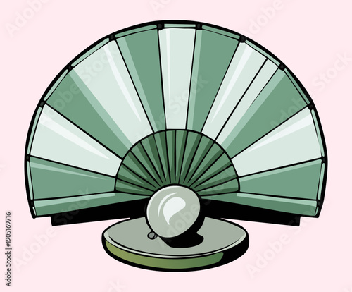 Green hand fan with a pearl for elegant vintage fashion and cooling Graphic Asset