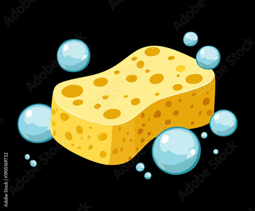 Yellow sponge with soap bubbles on dark background for cleaning service Graphic Asset