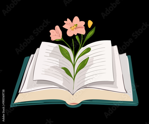 Open book with pink flowers for spring reading and romantic literature Graphic Asset