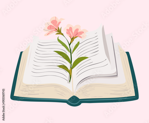 Open book with a flower for romantic story and poetry reading Graphic Asset