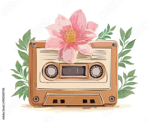Cassette tape with pink flower for romantic music and retro gift Graphic Asset