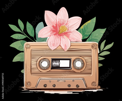 Retro music cassette on dark background for vintage audio and nostalgia Graphic Asset