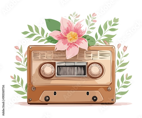 Vintage cassette tape with flowers for music nostalgia and retro design Graphic Asset