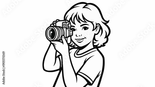 Young child holding a vintage camera and taking a picture.