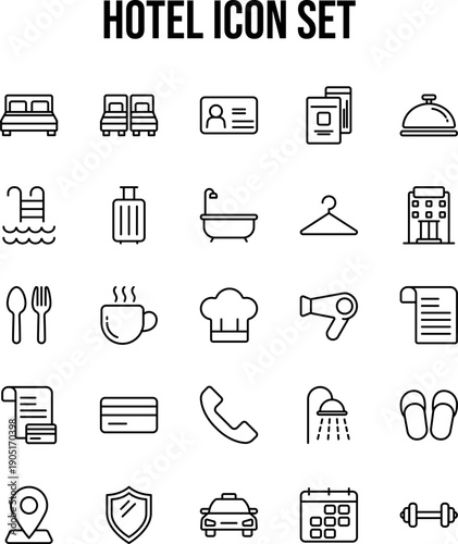 Hotel and Hospitality Service Outline Icon Set. Modern Line Icons for Accommodation, Travel, and Amenities. hotel, icons, hospitality, travel, line art