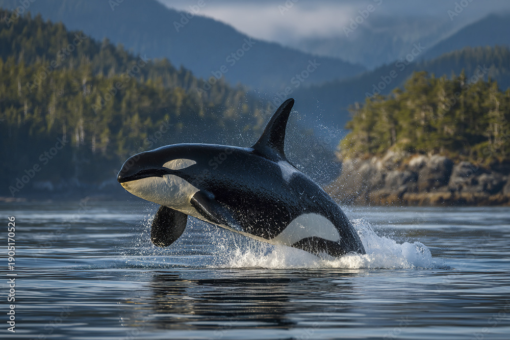 Obraz premium Orca jumping in coastal waters with splash, surrounded by calm sea and forested mountains under cloudy sky, showing dynamic marine wildlife in natural habitat