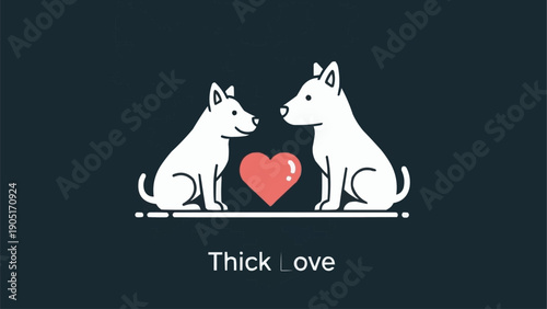 Two white dogs sitting facing each other with a red heart between them.