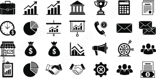 Business and Finance Icons Collection Featuring Graphs, Money, and Collaboration symbol