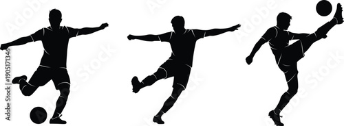 Black silhouettes of male soccer players in action kicking a ball on white background football