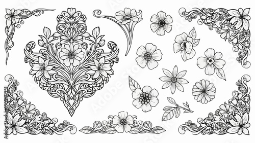 Vintage floral ornaments and decorative elements in black and white style.