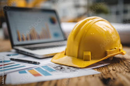 Yellow hard hat laptop pen construction planning business charts financial analysis office desk work environment safety equipment project management