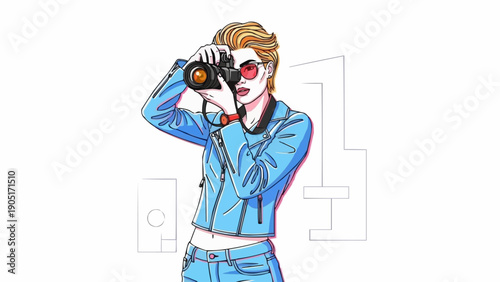 Woman holding a vintage camera taking a photo.