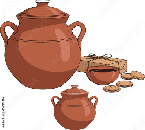 Traditional clay pots set with tea cup, cookies and gift box, rustic ceramic kitchenware vector illustration isolated on white background